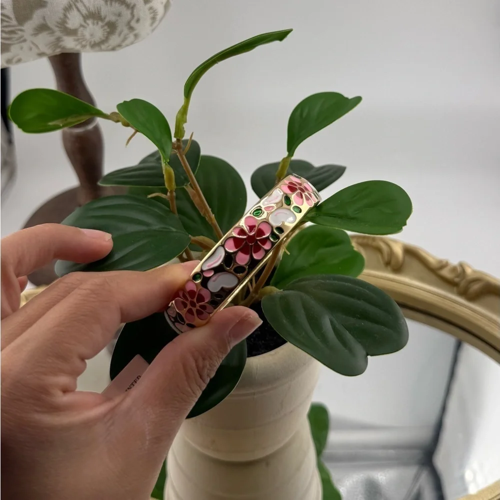 Hand Painted Floral Enamel Bangle with Gold Accents